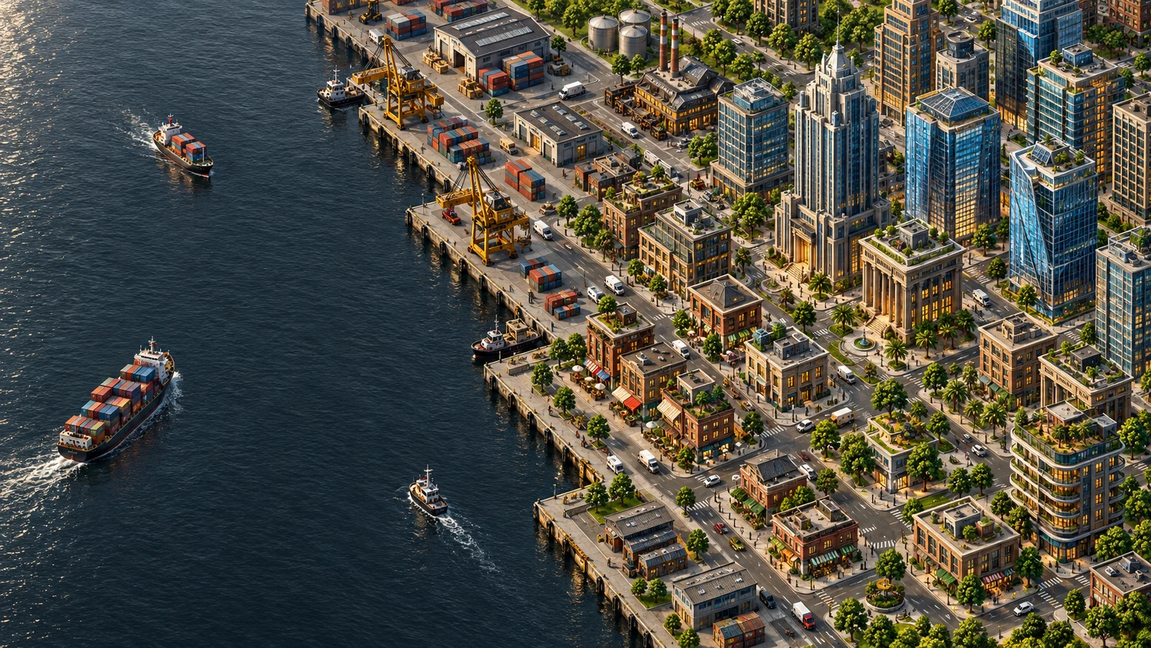 Original Startup Empire world artwork: neighborhood shops, factories and a financial district along a busy harbor.